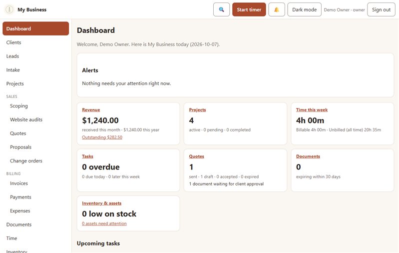 The Business Operations Hub dashboard: a sidebar of sections, and cards showing revenue received, an outstanding balance, time tracked this week, open quotes, and low-stock items.