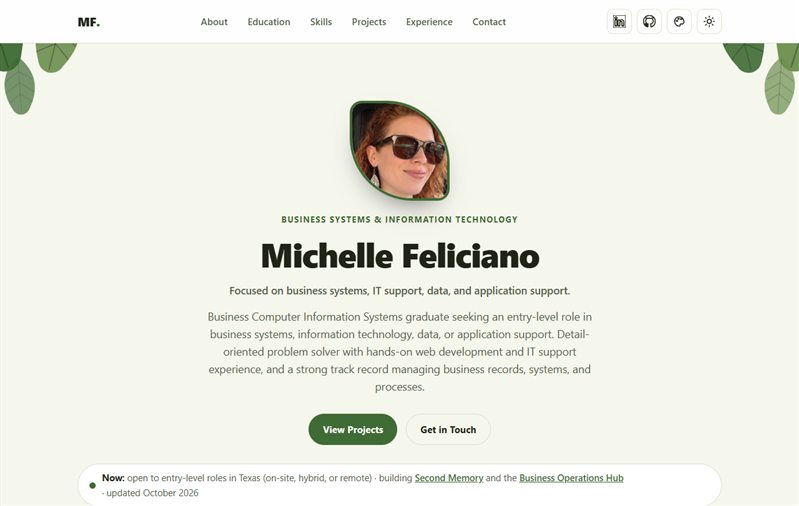 This portfolio’s home page on a desktop: a light green page with a leaf-shaped headshot, the name Michelle Feliciano, and a short summary.