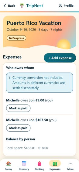 TripNest expenses on a phone: a who-owes-whom summary with Mark as paid buttons and the total spent in dollars and euros.