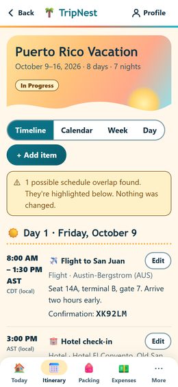 The TripNest itinerary on a phone: a flight and a hotel check-in, each with its time in the local time zone, and a warning about a possible schedule overlap.